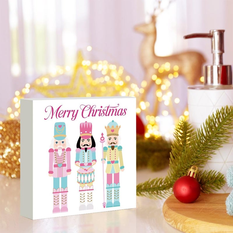FXEFXE Pink Christmas Decor, Nutcracker Christmas Decorations Indoor, Merry Sign Gift for Women Friends, Rustic Farmhouse Wooden Box Sign for Home Shelf Office Bedroom Living Room Desk Decor 5x5 Inches - Image 5